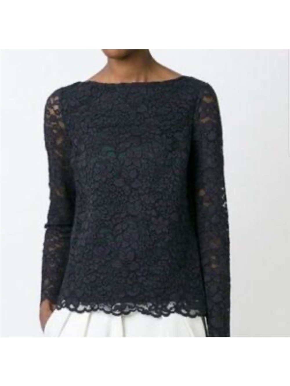 Tory Burch Floral Lace Long Sleeve Blouse Top Navy Blue Size 4